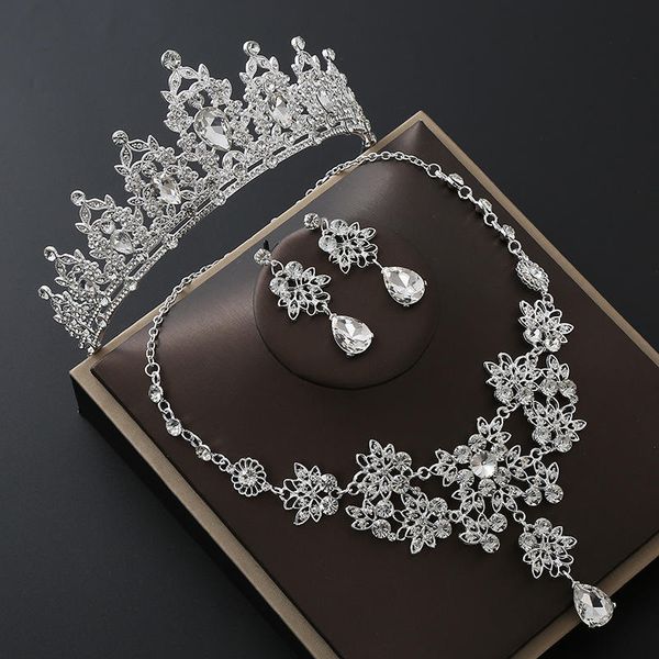 European American Bride Crown Headpiece Three-Piece Rhinestone Wedding Accessories Set with Necklace & Earrings for Bridal Dress