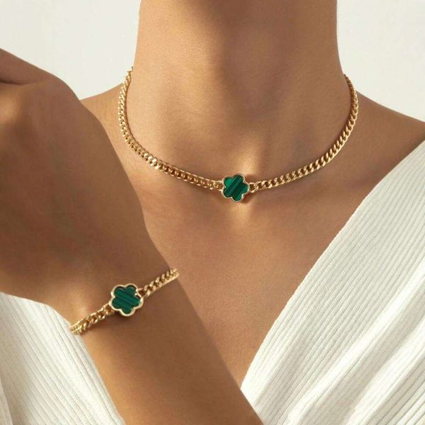 Wholesale Bohemia Style Women's 18K Gold Plated Alloy Jewelry Sets Link Chain Necklace Bracelet With Five Leaf Clover