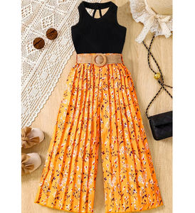 5-14 Years Girls Children's Clothing Sets Sleeveless Summer Kids Teenage Girls Clothing Vest + Wide Leg Trousers Belt Girl Set