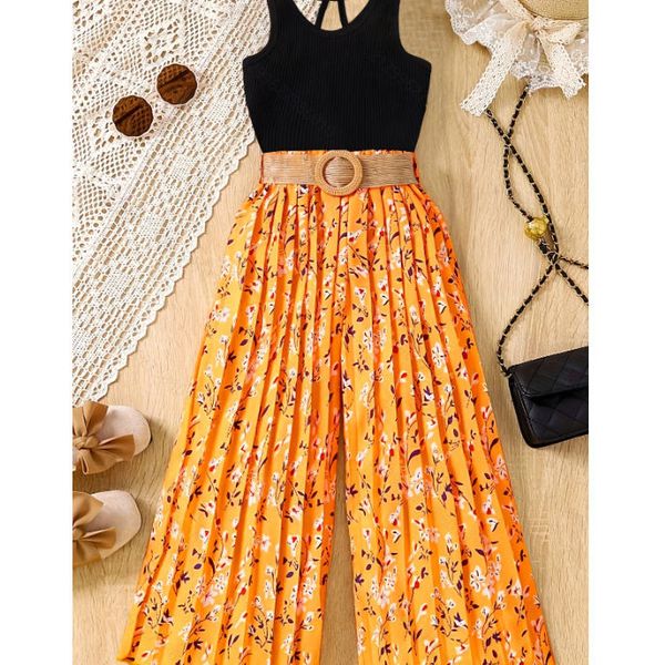 5-14 Years Girls Children's Clothing Sets Sleeveless Summer Kids Teenage Girls Clothing Vest + Wide Leg Trousers Belt Girl Set