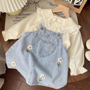 New Trendy Casual Floral Printed Baby Girl Dress and Denim Doll Collar Shirt Two-Piece Set Fashionable Children's Clothing