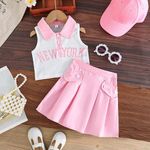 Cute Two-Piece Girls Dress with Vest Sleeveless Fashion Summer Kid Clothing Size 4-8 Years with Buttons New York Letters
