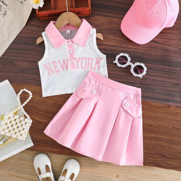 Cute Two-Piece Girls Dress with Vest Sleeveless Fashion Summer Kid Clothing Size 4-8 Years with Buttons New York Letters